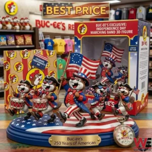 A large display with multiple beaver figures dressed in patriotic costumes marching on an American flag base with a store background!