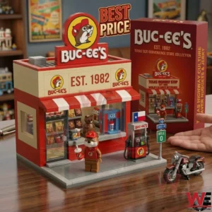 A finished plastic brick model of a Buc ees store is on a wooden table! It includes a beaver figure a gas pump and a motorcycle with the retail packaging behind it!