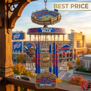 A Buffalo Bills wind chime with a stadium top and blue tubes hangs outdoors! It has team logos and a 65th anniversary plaque!