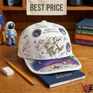 A white hat with space doodles and a boy with a tiger patch on a desk with a notebook and pencil!