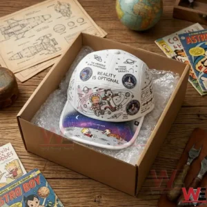 A white space themed cap with a boy and tiger patch resting in a bubble wrap lined box on a wooden table with vintage comics!