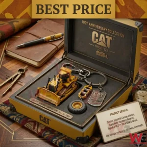 A yellow miniature bulldozer and anniversary keychain set in a luxury display box!