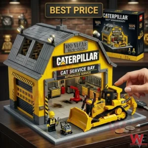 A detailed plastic brick model of a yellow construction service garage is shown! A yellow bulldozer and a tiny worker figure are in front of the building! The set is displayed on a desk with its packaging box behind it!
