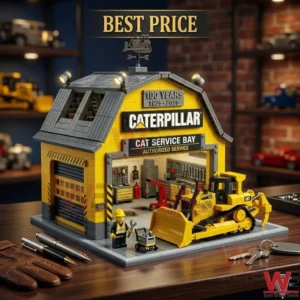 A building block garage model with a yellow bulldozer is displayed on a wooden desk! Leather gloves and pens are placed in front of the model while shelves with toys are in the background!