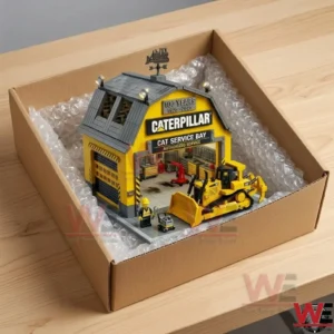 A yellow and gray brick model is secured inside a cardboard box with bubble wrap! The model remains fully assembled as it sits inside the protective packaging!