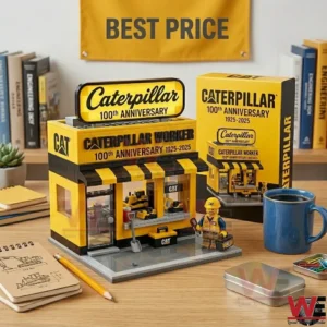 A high angle shot of a yellow toy building set with its packaging box on a wooden table! The set includes a worker figure and construction themed details! A blue mug and notebooks are also visible!