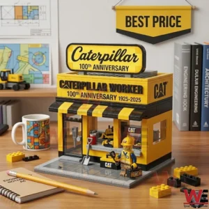 A detailed view of a yellow toy shop building and a worker figure on a desk! Loose plastic blocks a pencil and a patterned mug are placed around the toy!