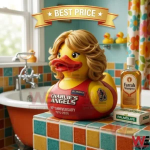 Charlies Angels fiftieth anniversary Jill Munroe rubber duck in a bathroom setting!