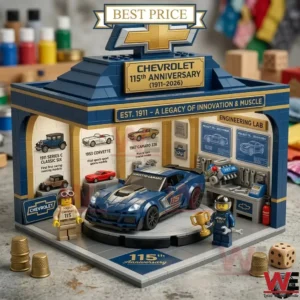Detailed brick garage display with a blue sports car and two figures celebrating over one hundred years of car history!