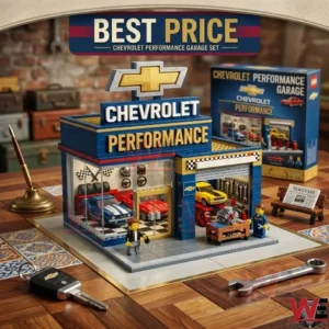 Plastic brick garage toy set with a Chevrolet theme featuring classic cars and miniature mechanics!