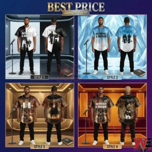 A grid showing four different baseball jerseys featuring musicians on male models!