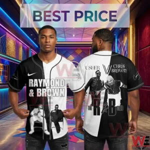 Two male models wearing a half black and half white baseball jersey with music artist graphics on the front and back!