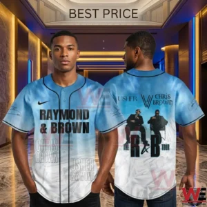 Two male models showing the front and back of a blue and white gradient baseball jersey with music tour graphics!