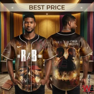 A male model wearing a dark brown and gold baseball jersey featuring artist portraits and concert graphics!