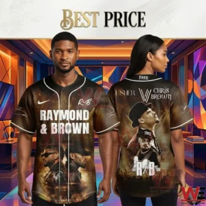 A man and a woman modeling the front and back of a dark baseball jersey with golden concert graphics and artist portraits!