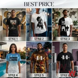 A composite image of six different t shirt designs featuring Chris Brown and Usher! Each design is worn by a single male model and presented in a separate square photo as part of a three by two grid! The t shirts range from black and white with simple graphics to colorful all over prints of the two artists! Text below each photo labels the style number from Style 1 to Style 6! The overall background is made up of diverse settings related to music production and street culture!