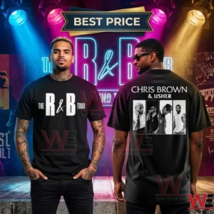 A full length photo of musicians Chris Brown and Usher modeling graphic t shirts on a concert stage with dramatic lighting! Chris Brown on the left faces the front wearing a black t shirt with bold white text of The R&B Tour and a small photo! Usher to his right turns to display the back of the matching shirt which features white text for Chris Brown and Usher and a grid of four black and white photos from a concert! Stage lights shine from above onto a backdrop of posters and neon signs!