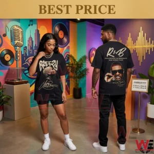 A wide photograph of a black woman and a black man modeling black R&B music tour t shirts in a vibrant studio! The woman on the left has her hands on her shirt showing the large gold Breezy graphic of Chris Brown! The man to her right turns to display the intricate gold graphic of both Chris Brown and Usher on the back of his shirt for The R&B Tour with concert dates and size information listed on the side! The background features music themed graffiti!