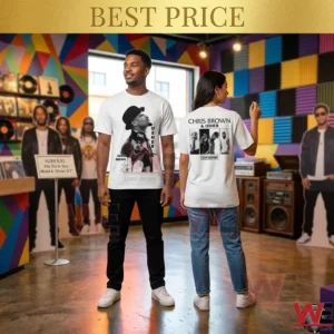 A full length photo of two black male models in a music record studio setting! The model on the left faces the front wearing a distinct black t shirt split with a white panel and large white text Raymond and Brown with two small photos of men seated! The model on the right faces away from the camera to show the back of the matching split shirt which features black text for Chris Brown and Usher and four black and white photos from a concert in a grid! The background shows shelves of record covers!