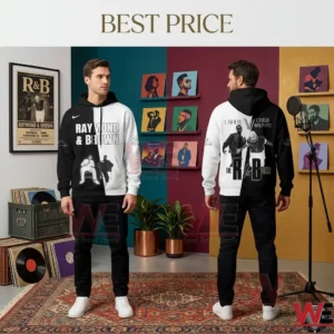 A full length photo of two black male models in a detailed music record room! One model on the left faces forward to show the front of a custom split black and white hoodie featuring black text of Raymond and Brown and two small photos! The other model on the right faces away to display the back of the matching split hoodie back with black text for Chris Brown and Usher and a larger photo of them seated! Shelves of colorful record covers are in the background!