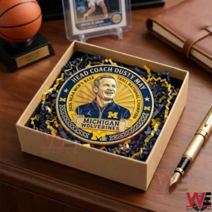 Coach Dusty May Michigan Wolverines Coin 3 Michigan Wolverines championship coin in a gift box on a wooden desk!