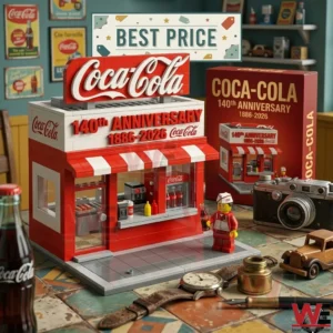 A toy building set of a red and white Coca Cola store celebrating its one hundred fortieth anniversary placed on a table with vintage accessories and a collector box!