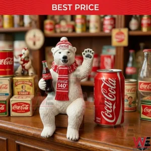 Polar bear figure with a soda bottle on a wooden table!