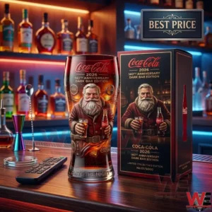 Coca Cola anniversary glass and limited edition box on a bar top with colorful lighting!