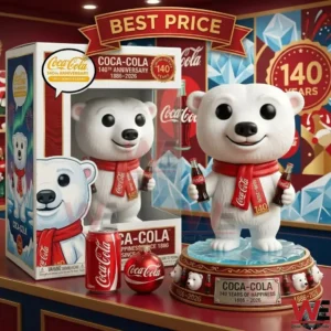 Polar bear toy holding bottles next to its box!