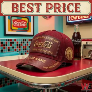A close up of a maroon and leather Coca Cola hat sitting on a diner table with a soda bottle and vintage radio nearby!