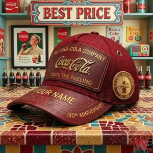 A commemorative Coca Cola hat with gold lettering shown on a mosaic counter in front of a shelf of vintage collectibles!