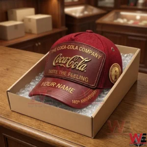 A gift boxed Coca Cola anniversary baseball cap sitting on a wooden surface inside a retail store!
