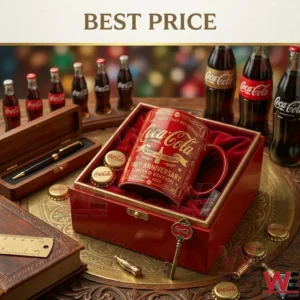 Limited edition Coca Cola anniversary mug in a red gift box on a decorated wooden table with vintage memorabilia!