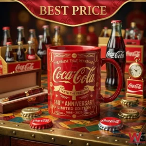 Coca-Cola 140th Anniversary Taste The Feeling Mug 4 Close up of a red Coca Cola anniversary mug on a mosaic surface with various brand collectibles in a warm setting!