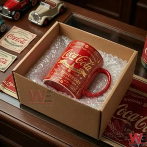Coca-Cola 140th Anniversary Taste The Feeling Mug 5 Packaging shot of a red Coca Cola anniversary mug inside a cardboard box with protective wrap on a wooden desk!
