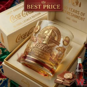 A commemorative Coca Cola glass with gold relief designs displayed in an elegant gift box with vintage accessories!