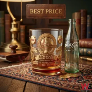 Detailed shot of an embossed gold Coca Cola anniversary glass on a wooden desk with a retro lamp and books!