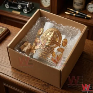 Packaging of a gold embossed Coca Cola collector glass inside a shipping box with protective material!