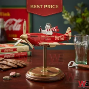 A red collectible airplane with a polar bear pilot on a wooden stand surrounded by vintage Coca Cola themed items!