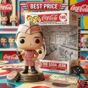 A collectible figure of a man in a striped apron holding a soda bottle! The figure is placed next to its original packaging on a decorated table! A bottle cap a key and a ticket are also on the table!