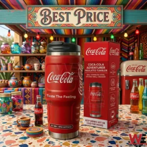 A red Coca-Cola Adventurer insulated tumbler with its matching product box and smaller themed items on a counter in a festive Mexican market stall.