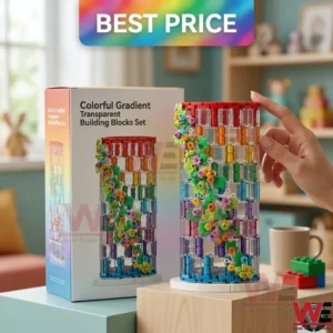 A finished building block vase with a rainbow color scheme is shown next to its packaging! The vase is made of clear colorful pieces and has floral decorations!