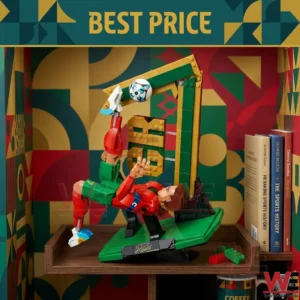An action pose of a Lego soccer player doing a bicycle kick in front of a large number seven on a wooden shelf.