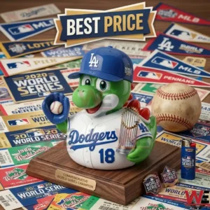 Green dinosaur mascot figure in a Dodgers jersey holding a trophy and baseball surrounded by sports memorabilia!