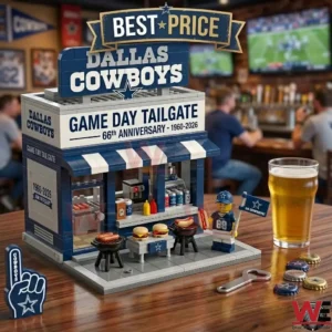 Detailed brick model of a Dallas Cowboys tailgate stand with food accessories and a team fan figure on a wooden surface!