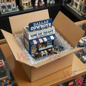 A Dallas Cowboys tailgate building toy placed inside a shipping box with protective padding for delivery!