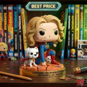 DC Studios Supergirl Kara Zor El Pop! Figure 4 Superhero figure on a wooden desk!