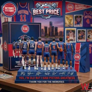 A lineup of Pistons legends figures on a custom base with a Detroit cityscape background and team merchandise!