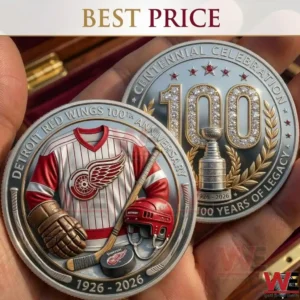 Commemorative silver coins for the Detroit Red Wings centennial celebration featuring hockey gear and championship symbols!