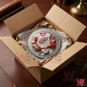 Detroit Red Wings 100 year legacy coin placed inside a shipping box for delivery!